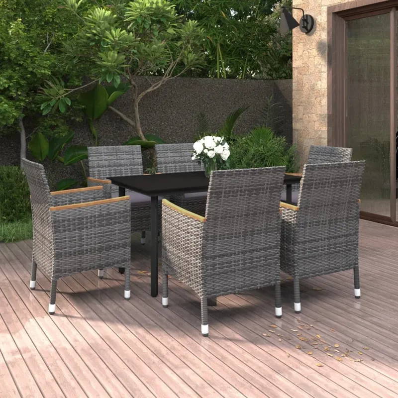 7 pz. set pranzo da giardino con Auflagen Poly Rattan e vetro