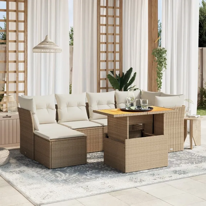 7-tlg. Garten-Sofagarnitur mit Kissen Beige Poly Rattan