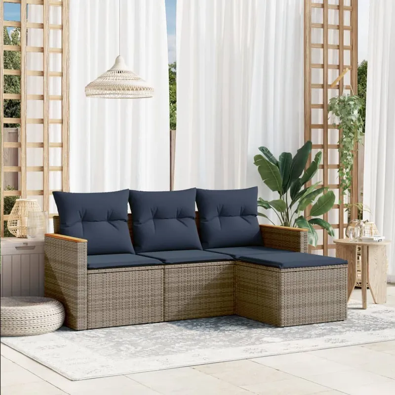 4-teiliges Gartensofa-Set mit Kissen, grau, Polyrattan