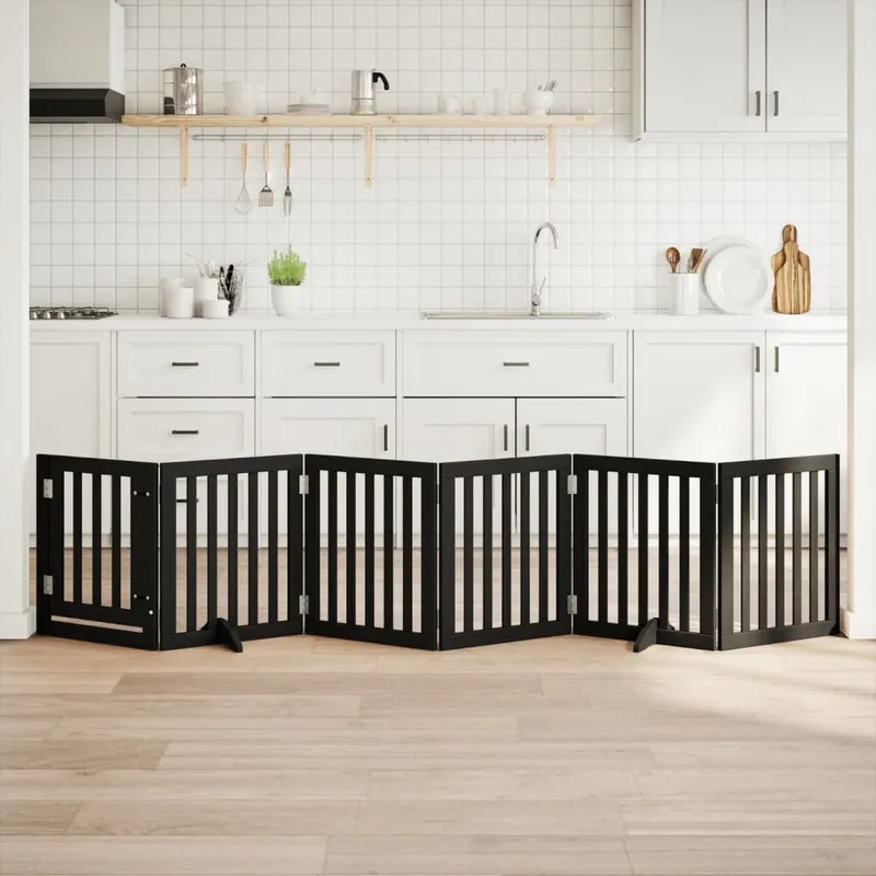 Barrière pour chiens et porte 6 panneaux noir bois de peuplier