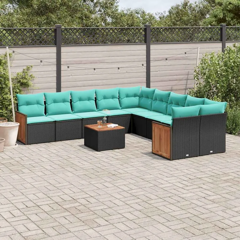 11-teiliges Gartensofa-Set mit Kissen, schwarzes Polyrattan
