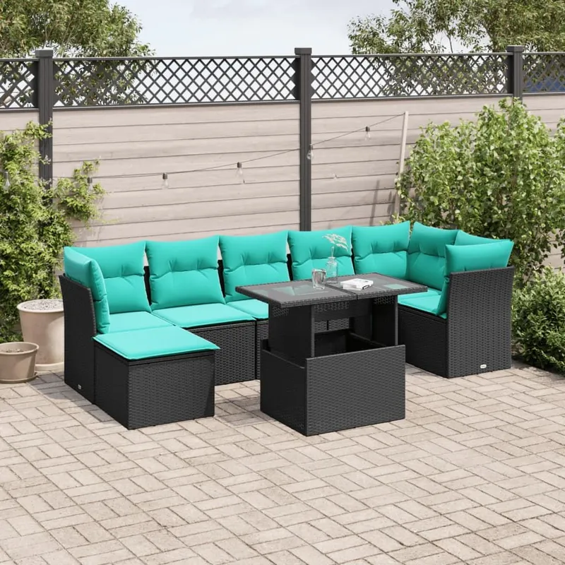 8 pezzi set divano da giardino con cuscini, nero polyrattan
