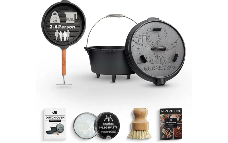 Gusskoenig Dutch Oven Set 4,5 l con 2in1 Deckelheber con Füssen