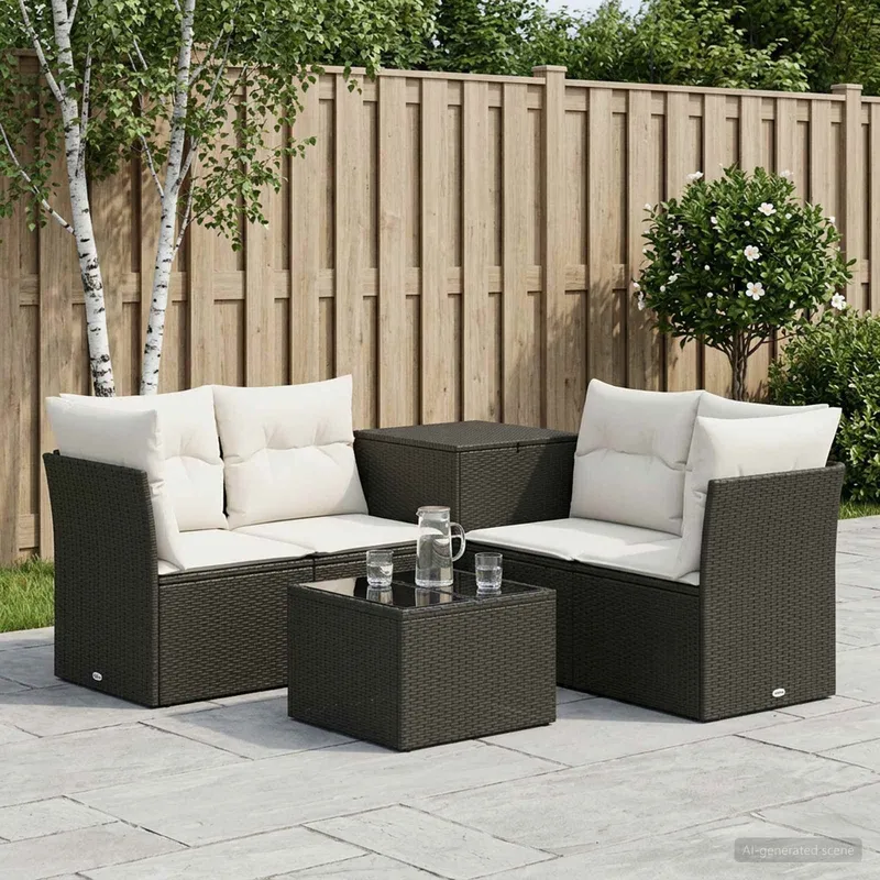 Sofa Set 6 stk. Schwarz und Cremeweiß Polyrattan und Stahl