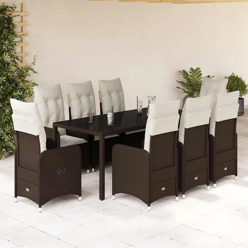 9-tlg. Garten-Bistro-Set mit Kissen brown Poly Rattan