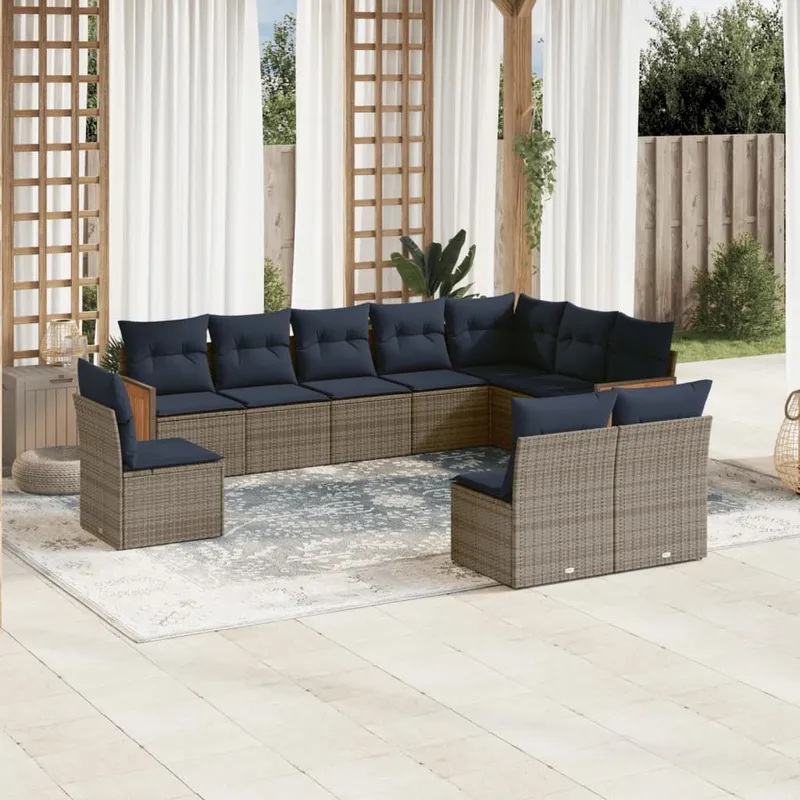 10-teiliges Gartensofa-Set mit Kissen, grau, Polyrattan