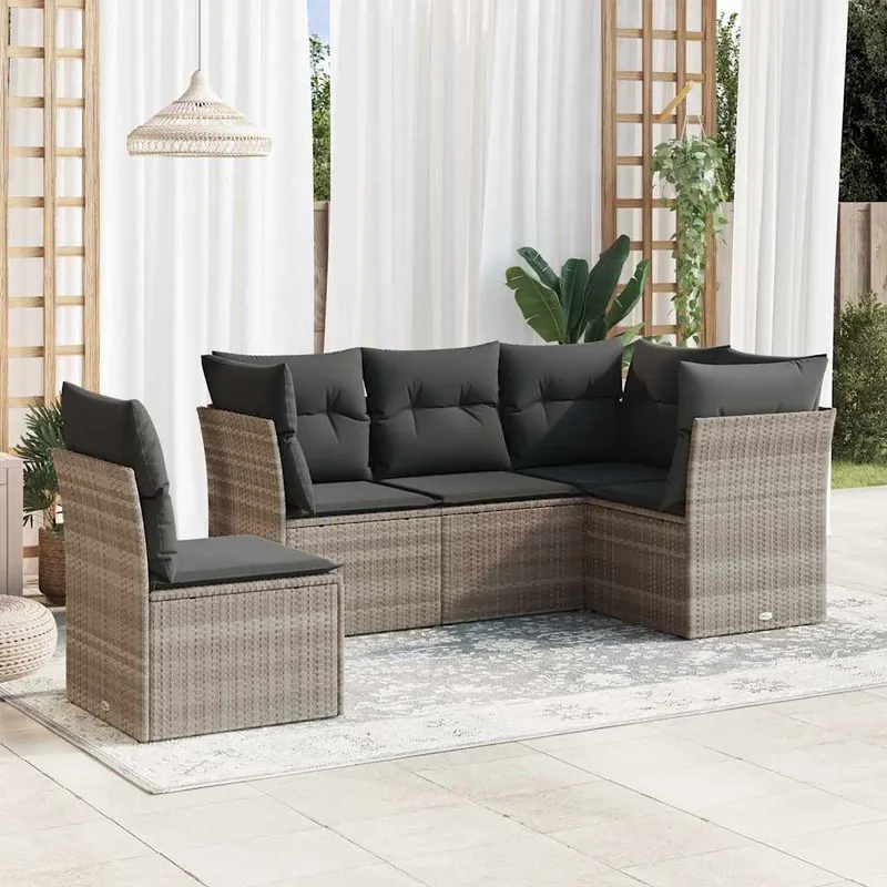 Salon de jardin 5 pcs avec coussins gris clair résine tressée