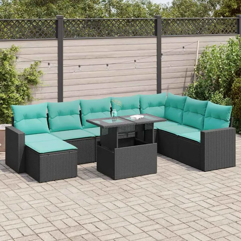9-tlg. set divano da giardino con cuscini nero Poly Rattan