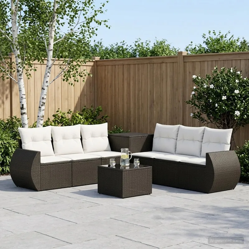 Sofa Set 8 stk. Schwarz und Cremeweiß Polyrattan und Stahl