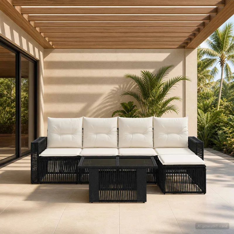 set divano da giardino 6 pz. nero e bianco crema polyrattan