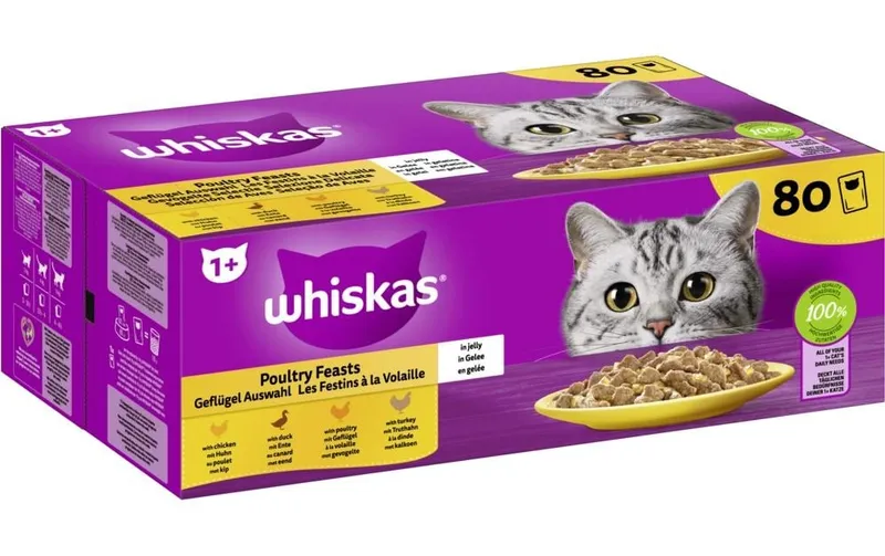 Whiskas 1+ Geflügel Auswahl 4 Varietäten in Gelee 80 x 85 g