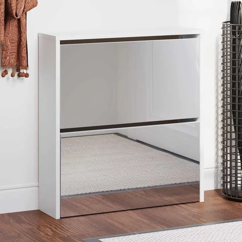 Armoire à chaussures miroir 2 niveaux Blanc brillant 63x17x67cm