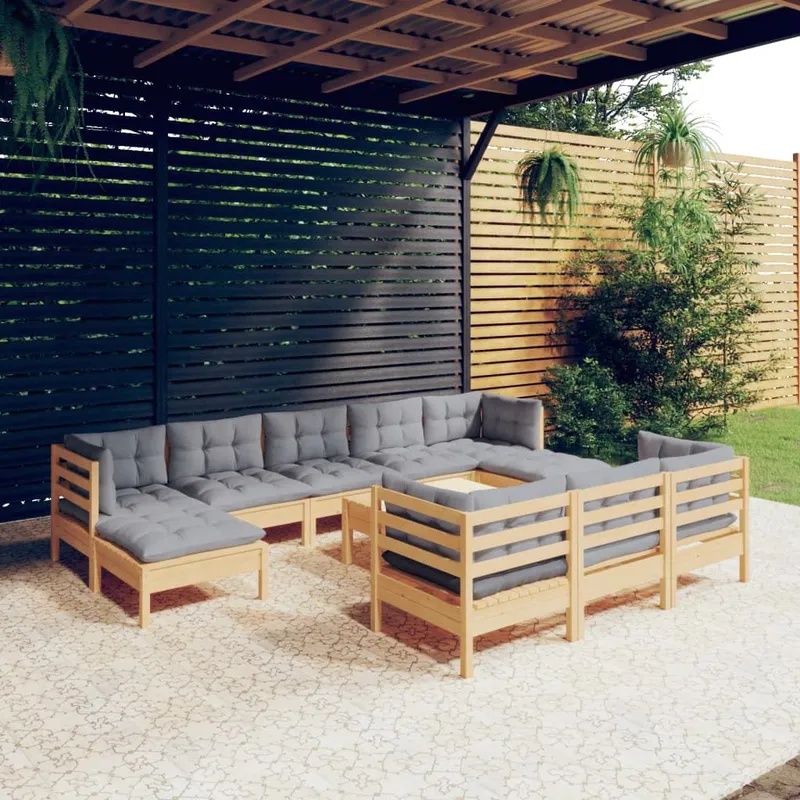 11-tlg. Garten-Lounge-Set mit grigioen Kissen Kiefer Massivholz
