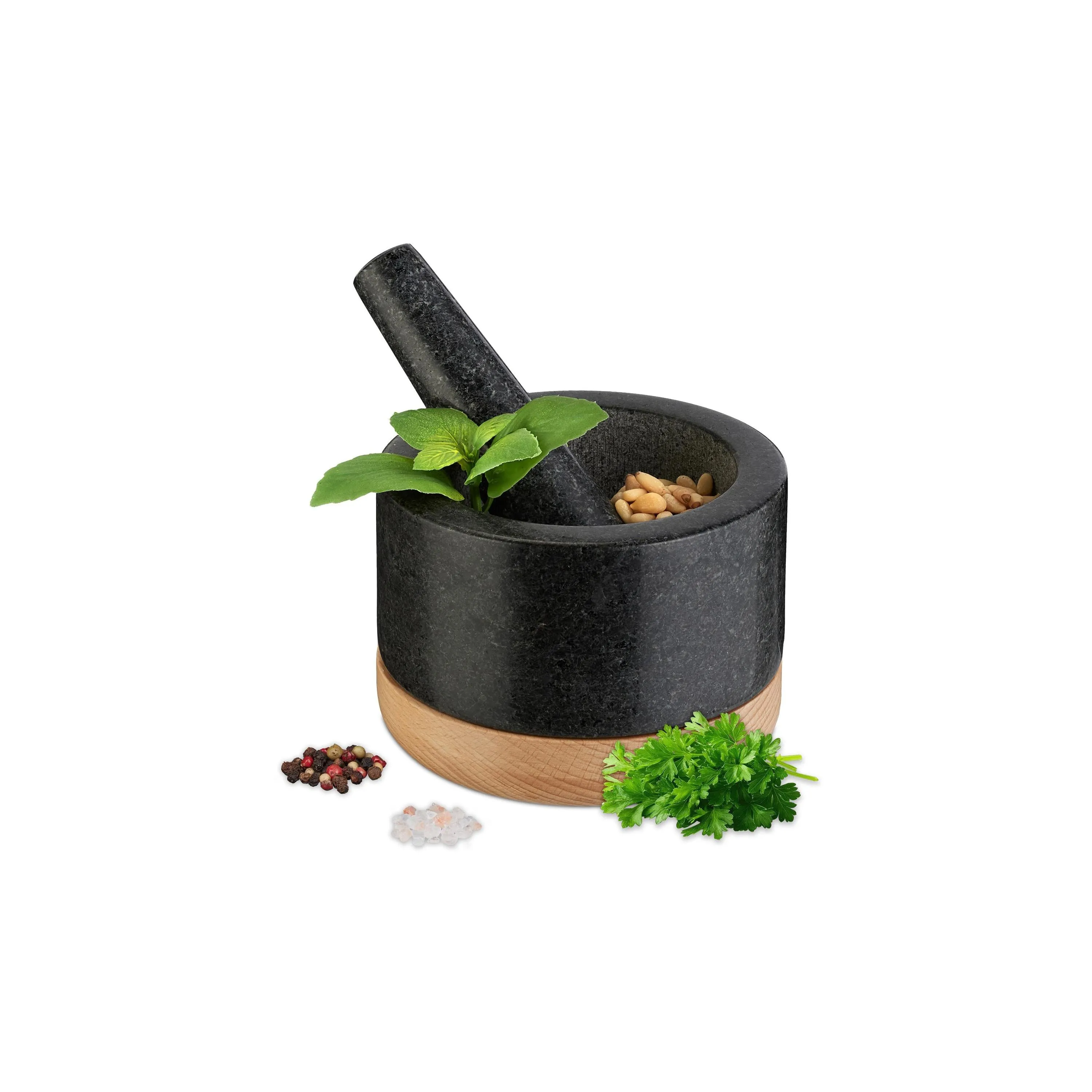 relaxdays Mörser 14 cm, Holz/Granit