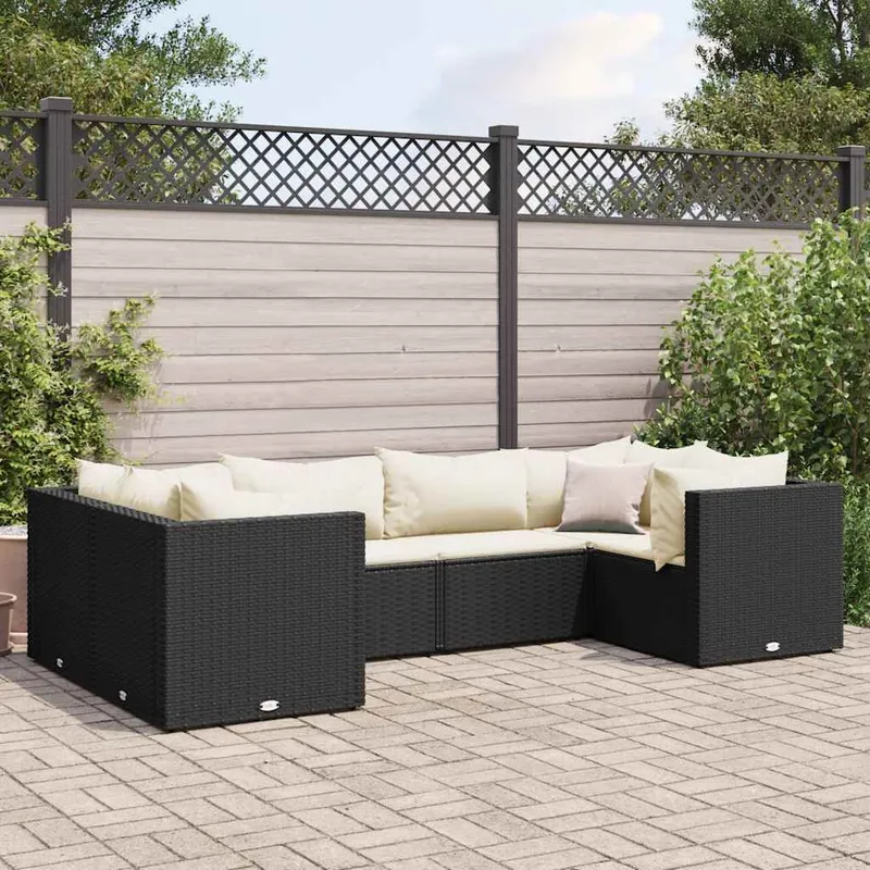 6-tlg. Garten-Lounge-Set mit Kissen Schwarz Poly Rattan