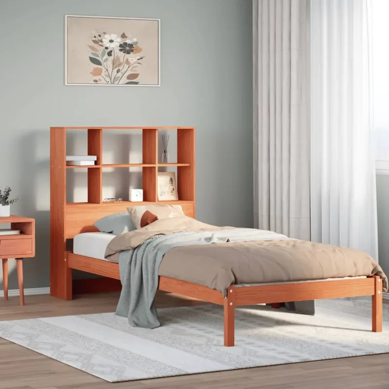 letto in legno massiccio con scaffale senza materasso marrone cerato 100x200 cm