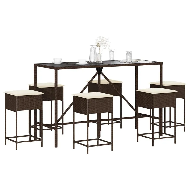 Ensemble de bar de jardin avec coussins 7 pcs marron poly rotin