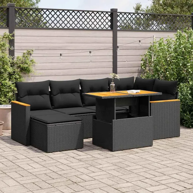 7-tlg. set divano da giardino con cuscini nero Poly Rattan