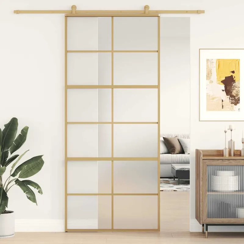 Porte coulissante doré 90x205 cm verre ESG dépoli et aluminium