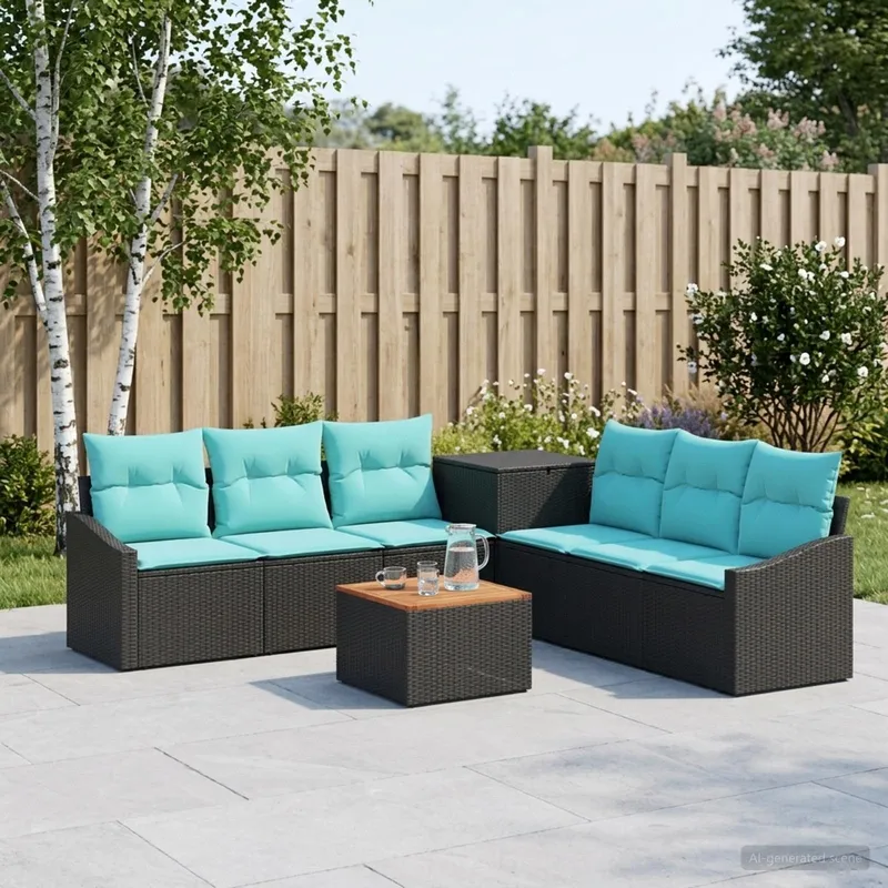 divano Set 8 pz. nero e blu polyrattan e acciaio