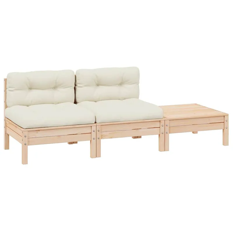 3-tlg. Garten-Lounge-Set mit Kissen in Creme solid pine wood