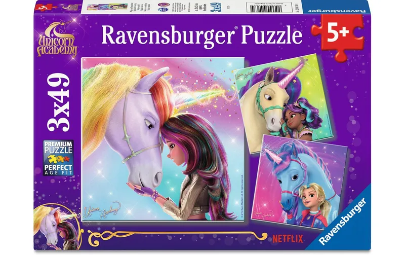 Ravensburger Puzzle Unicorn Academy 3 x 49 Teile, inklusive Mini-Postern