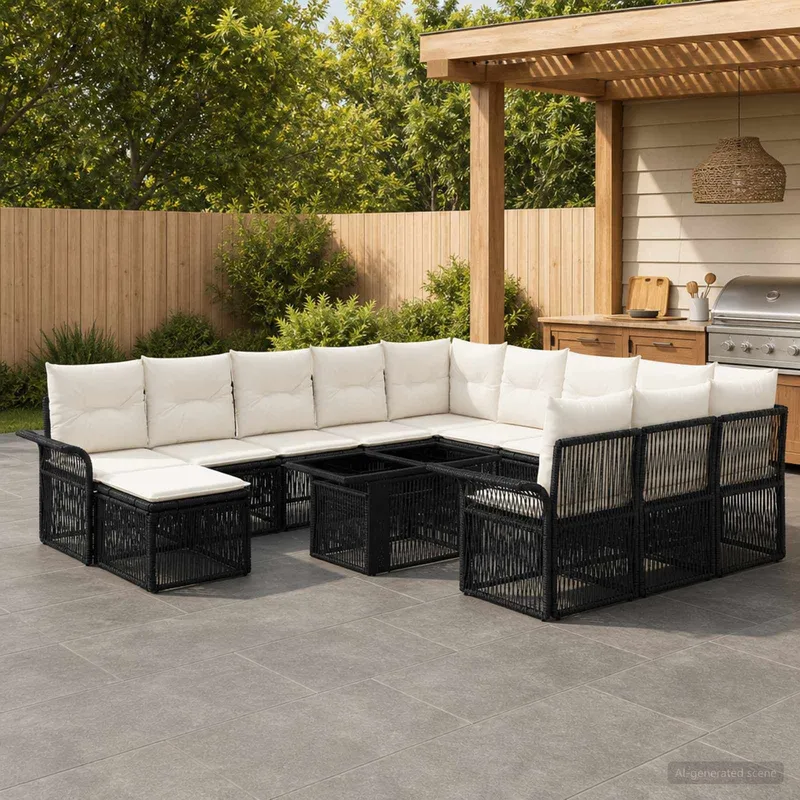 Gartensofa-set 13 stk. Schwarz und Cremeweiß Poly-Rattan