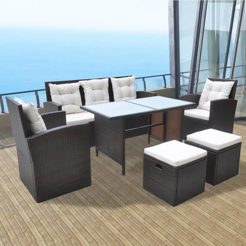 6-tlg. Garten-Essgruppe mit Kissen Poly Rattan Braun