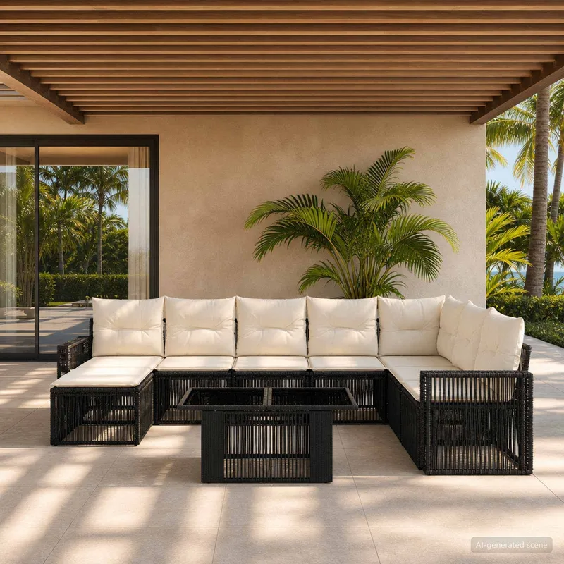 set divano da giardino 9 pz. nero e bianco crema polyrattan