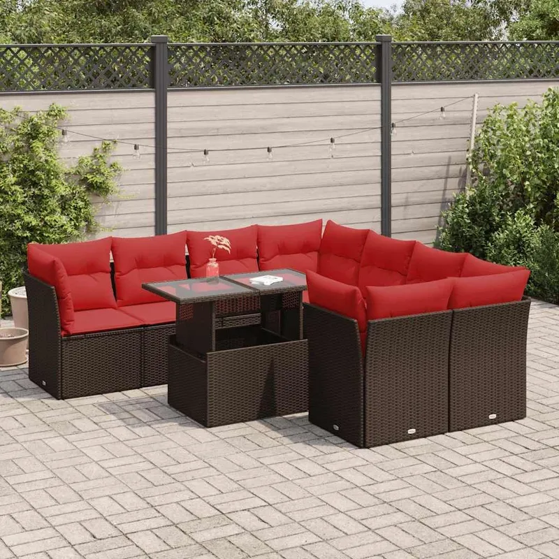 9-tlg. set divano da giardino con cuscini marrone Poly Rattan Akazie