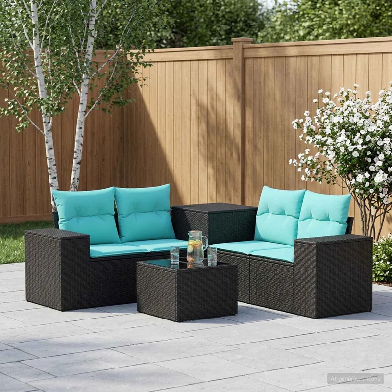 divano Set 6 pz. nero e blu polyrattan e acciaio