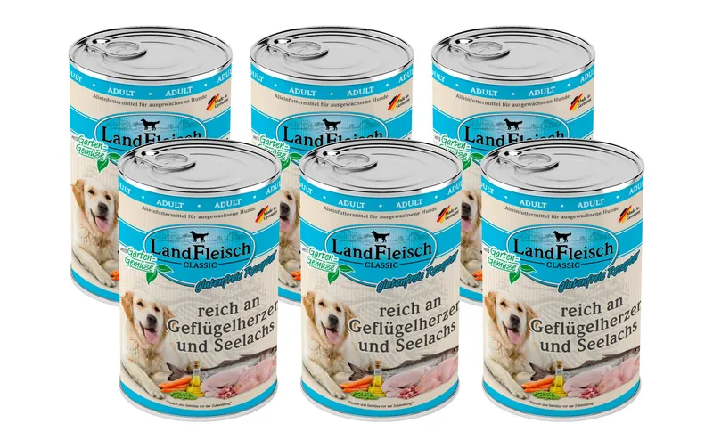 LandFleisch Nassfutter Classic Geflügelherzen and Seelachs, 6 x 400 g