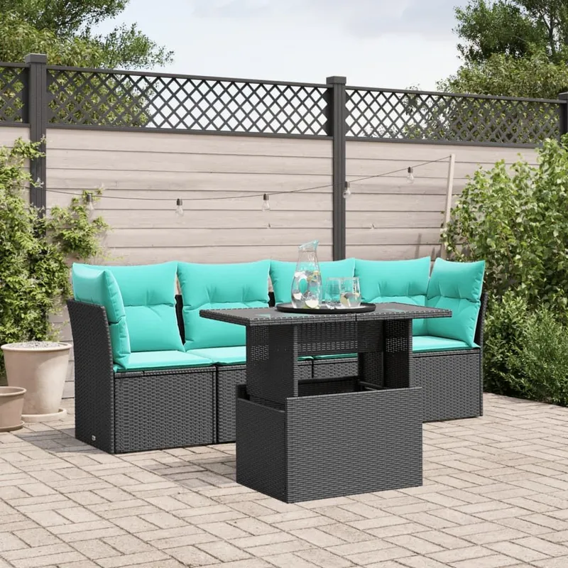 5 pezzi set divano da giardino con cuscini, nero polyrattan
