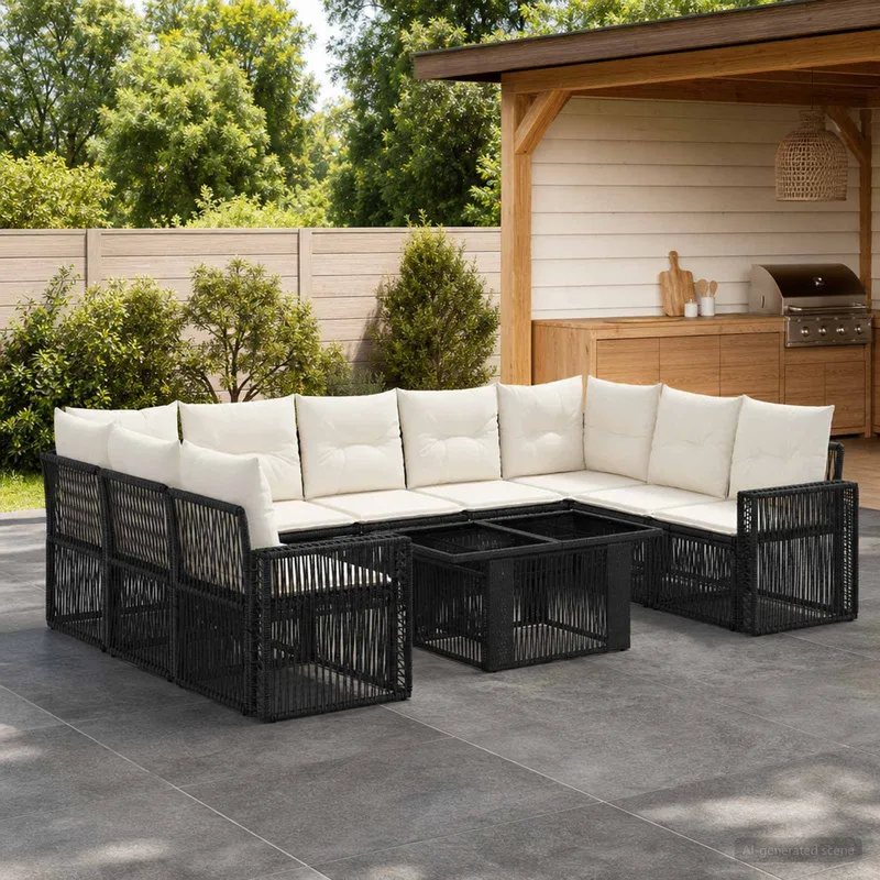set divano da giardino 10 pz. nero e bianco crema polyrattan