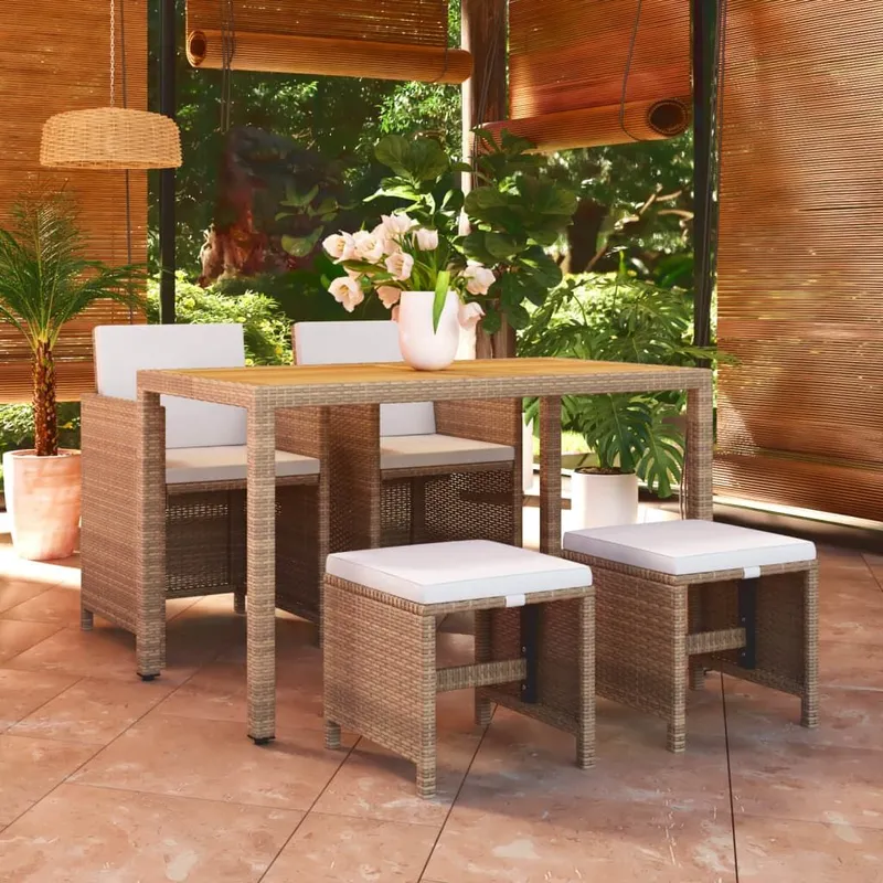 5 pz. set pranzo da giardino con cuscini Poly Rattan beige
