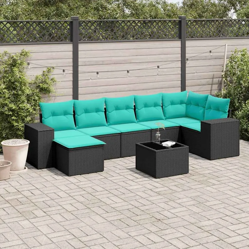 8 pezzi set divano da giardino con cuscini, nero polyrattan