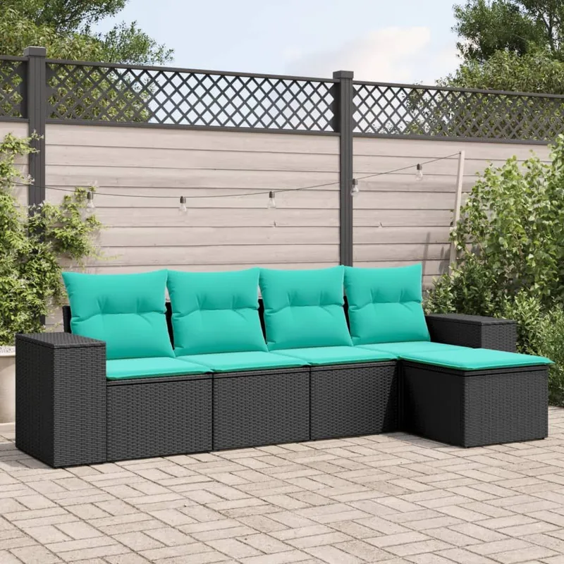 5-teiliges Gartensofa-Set mit Kissen, schwarzes Polyrattan
