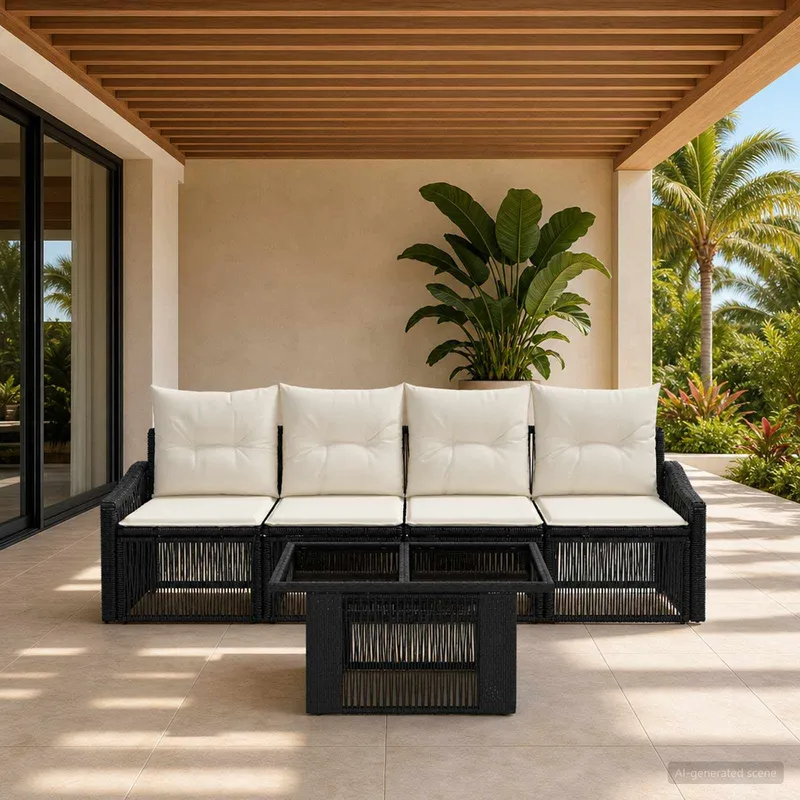 Gartensofa-set 5 stk. Schwarz und Cremeweiß Poly-Rattan