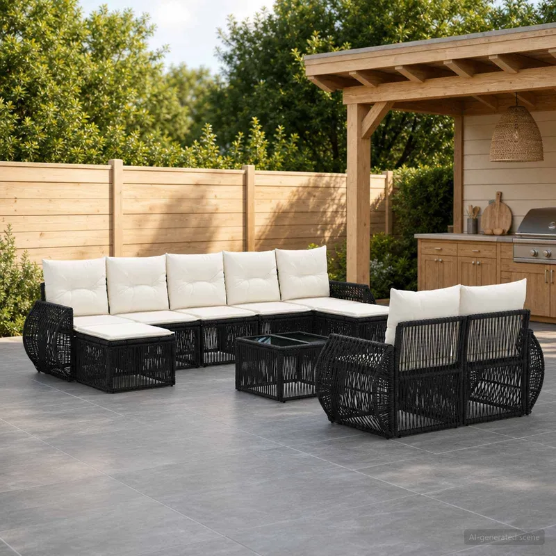 Gartensofa-set 10 stk. Schwarz und Cremeweiß Poly-Rattan