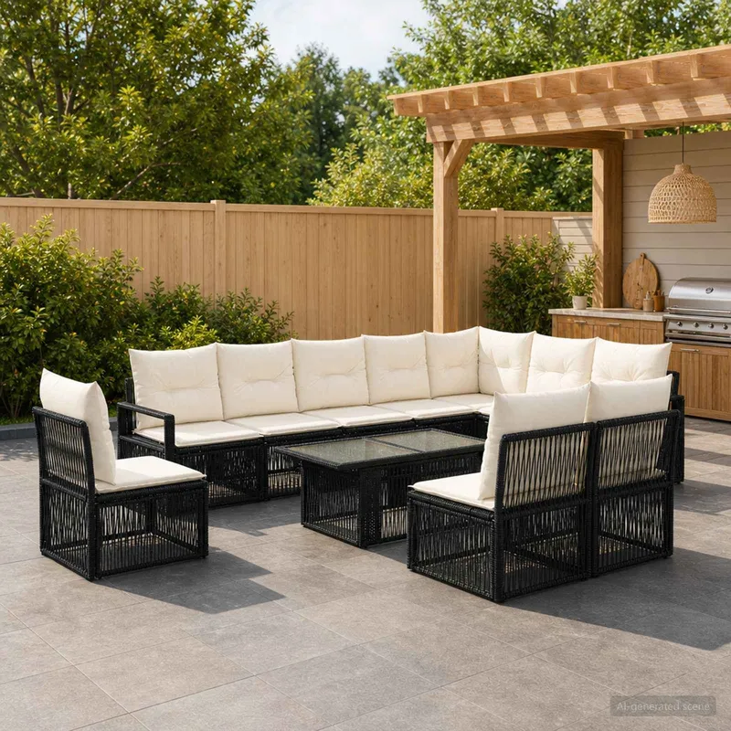 set divano da giardino 11 pz. nero e bianco crema polyrattan