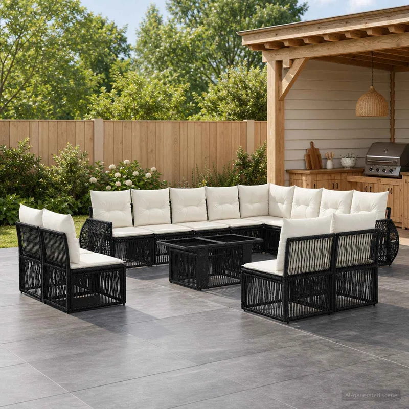 set divano da giardino 13 pz. nero e bianco crema polyrattan