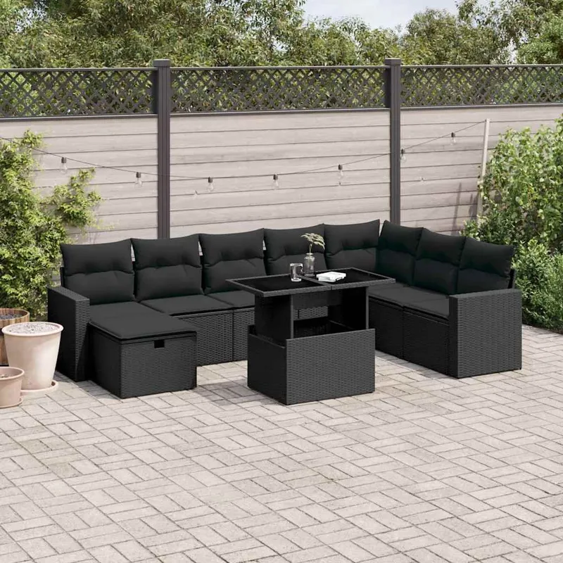 9-tlg. set divano da giardino con cuscini nero Poly Rattan