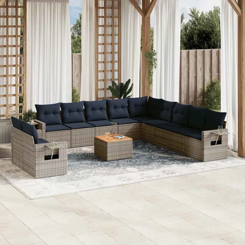 12-teiliges Gartensofa-Set mit Kissen, grau, Polyrattan