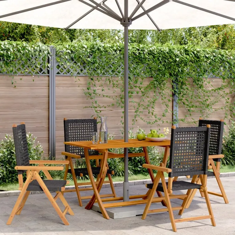 Fauteuils pliants inclinables, lot de 4, en polyrotin noir et bois massif