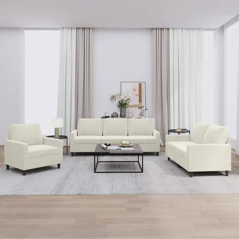 3-tlg. Sofagarnitur mit Kissen Creme Samt