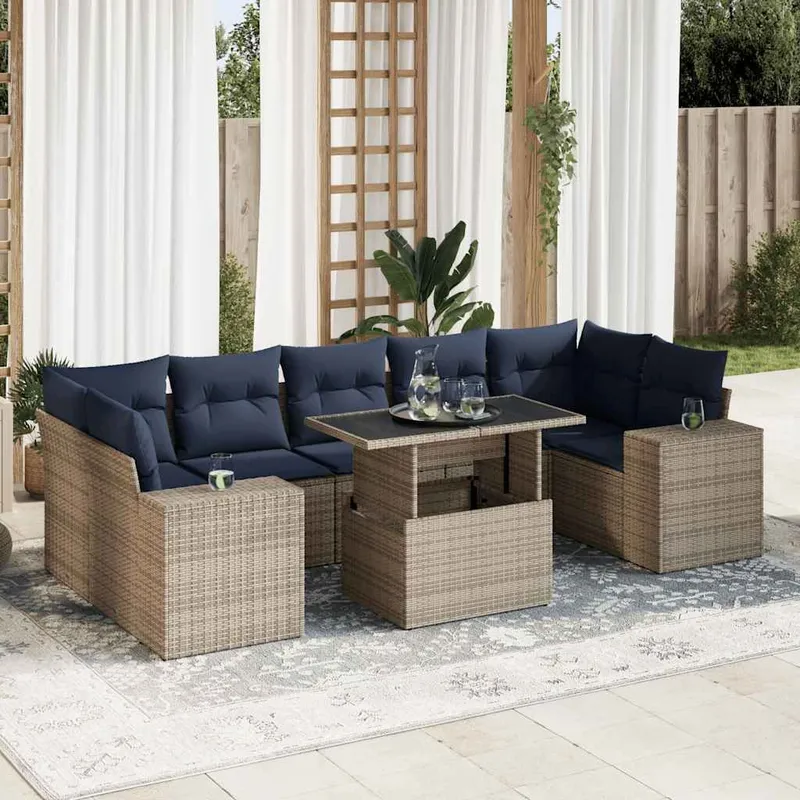 8-tlg. set divano da giardino con cuscini grigio Poly Rattan Akazie