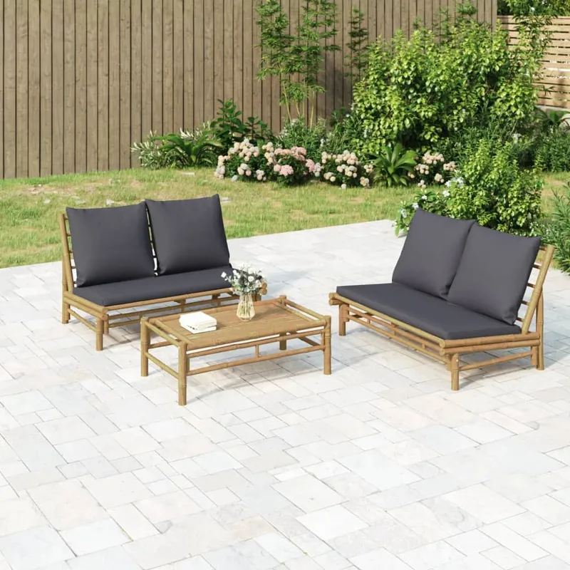 3 pz. Garten-Lounge-Set con Dunkelgrauen cuscini Bambus