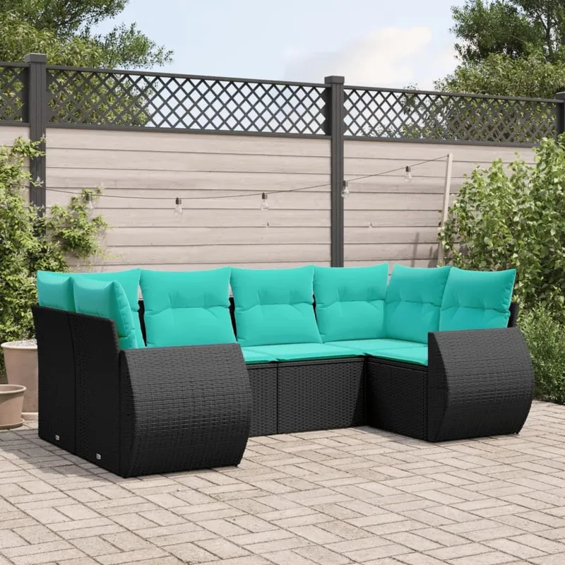 6-teiliges Gartensofa-Set mit Kissen, schwarzes Polyrattan