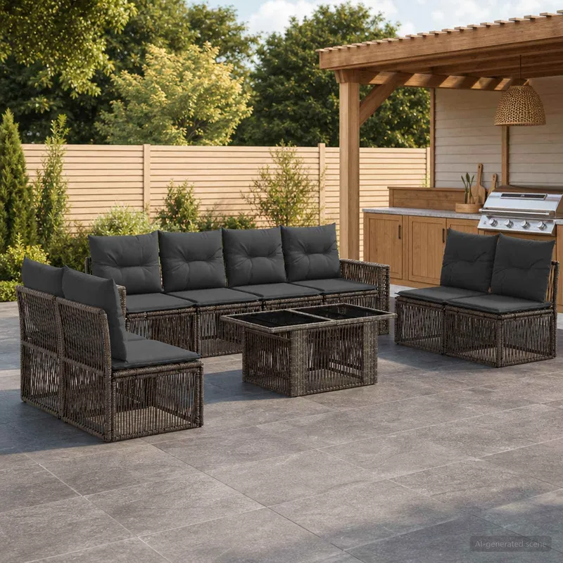 Gartensofa-set 9 stk. Grau und Dunkelgrau Poly-Rattan