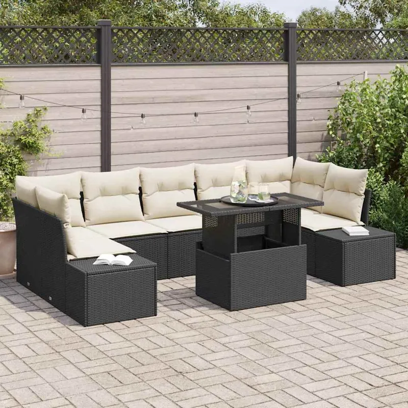 Sofa Set 8 stk. Schwarz und Creme Poly-Rattan